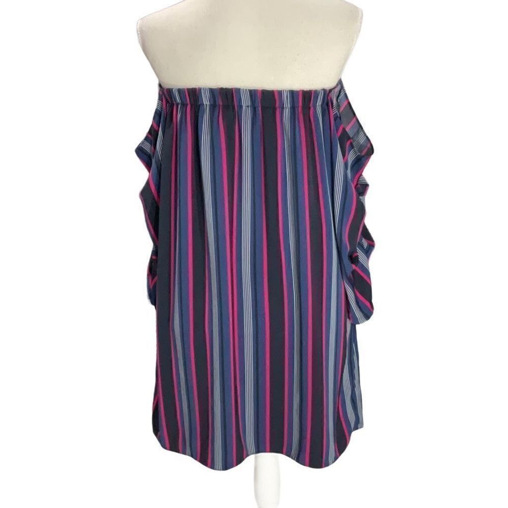 Cynthia Steffens Vertical Striped Black Blue Off The Shoulder Mini Dress Size 8